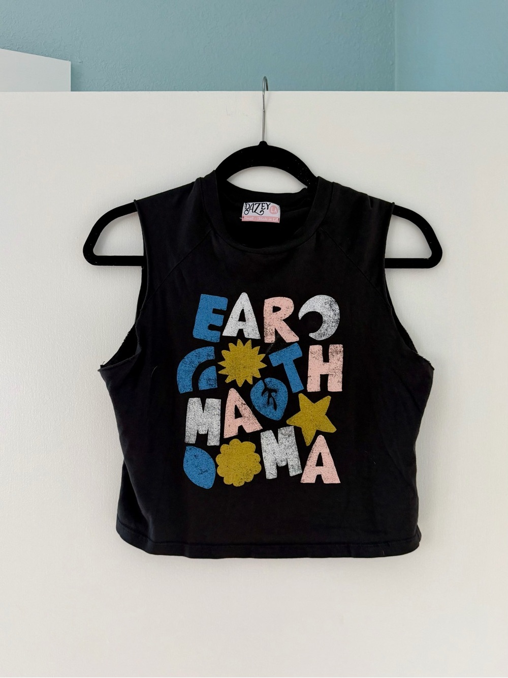 Dazey LA Earth Mama Cropped Muscle Tank Black Raw Edge Boho S